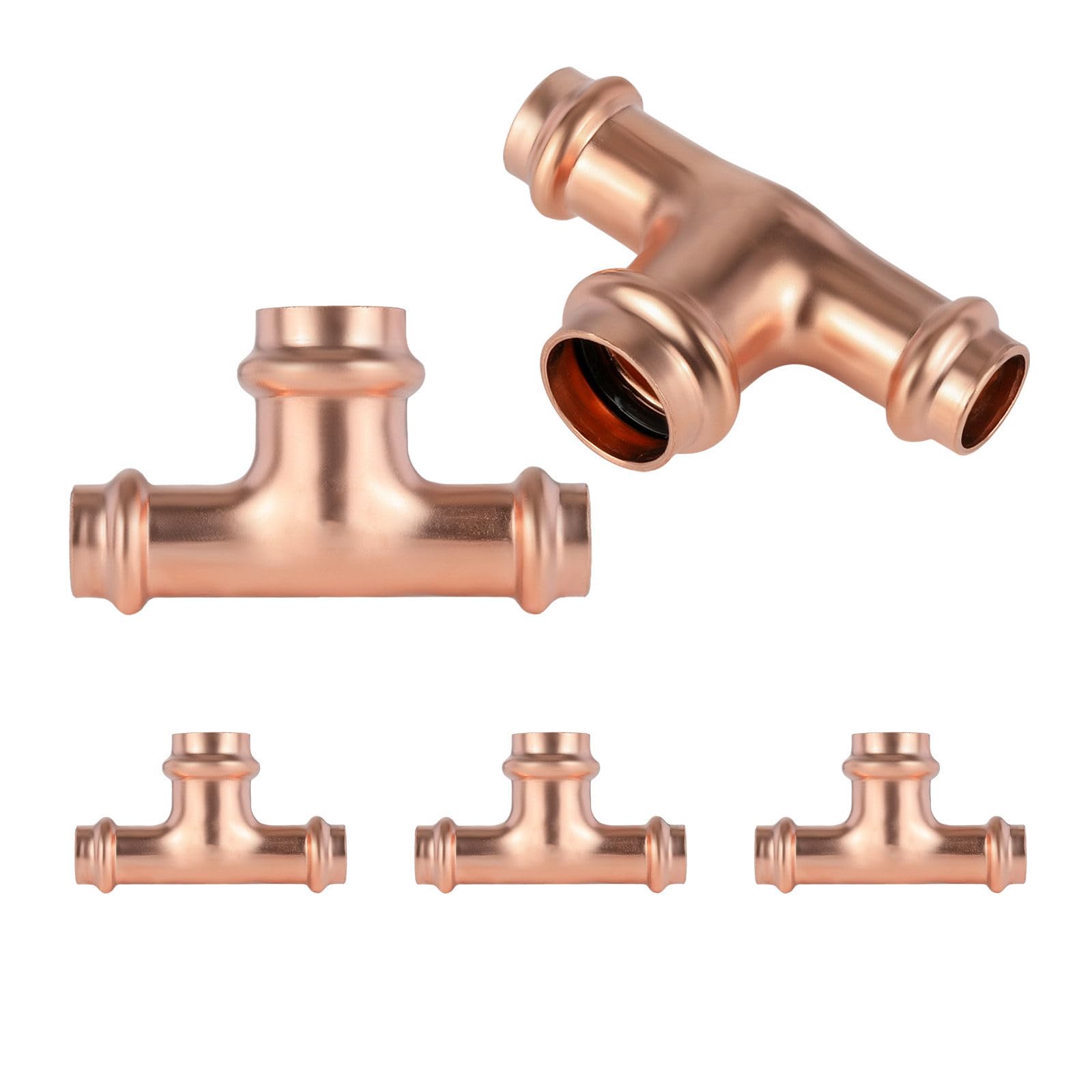 Paquete de 5 conectores en T reductores de cobre GUOFIS, 1/2" P x 1/2" P x 1", conector en T reductor de presión para plomería, conector de tres vías para derivación de transición de tamaño de tuber