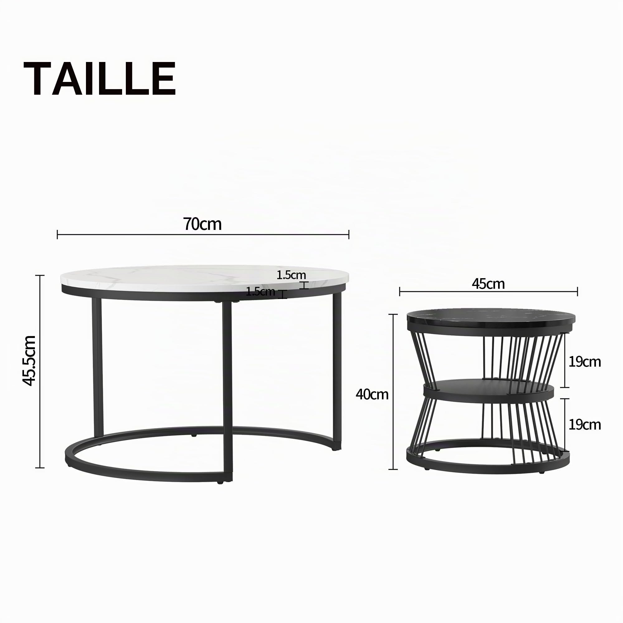 2 en 1 Table Basse Effet de Marbre Ronde Gigognes Design Moderne avec Rangement Cadre en Métal Blanc Ronde Table D'appoint pour Salon Chambre Bureau Balcon (Noir + Blanc)