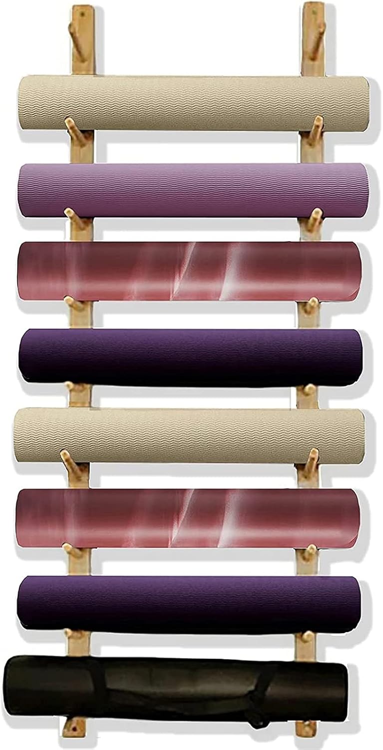 Wooden Wall Mount Yoga Mat Rack Multi-Functional Home Gym Wall Mount Rack Shelf Organizer for Towel, Yoga Mat, Exercising Bike Shoes, Exercise Bands and So on Ideal Accessories