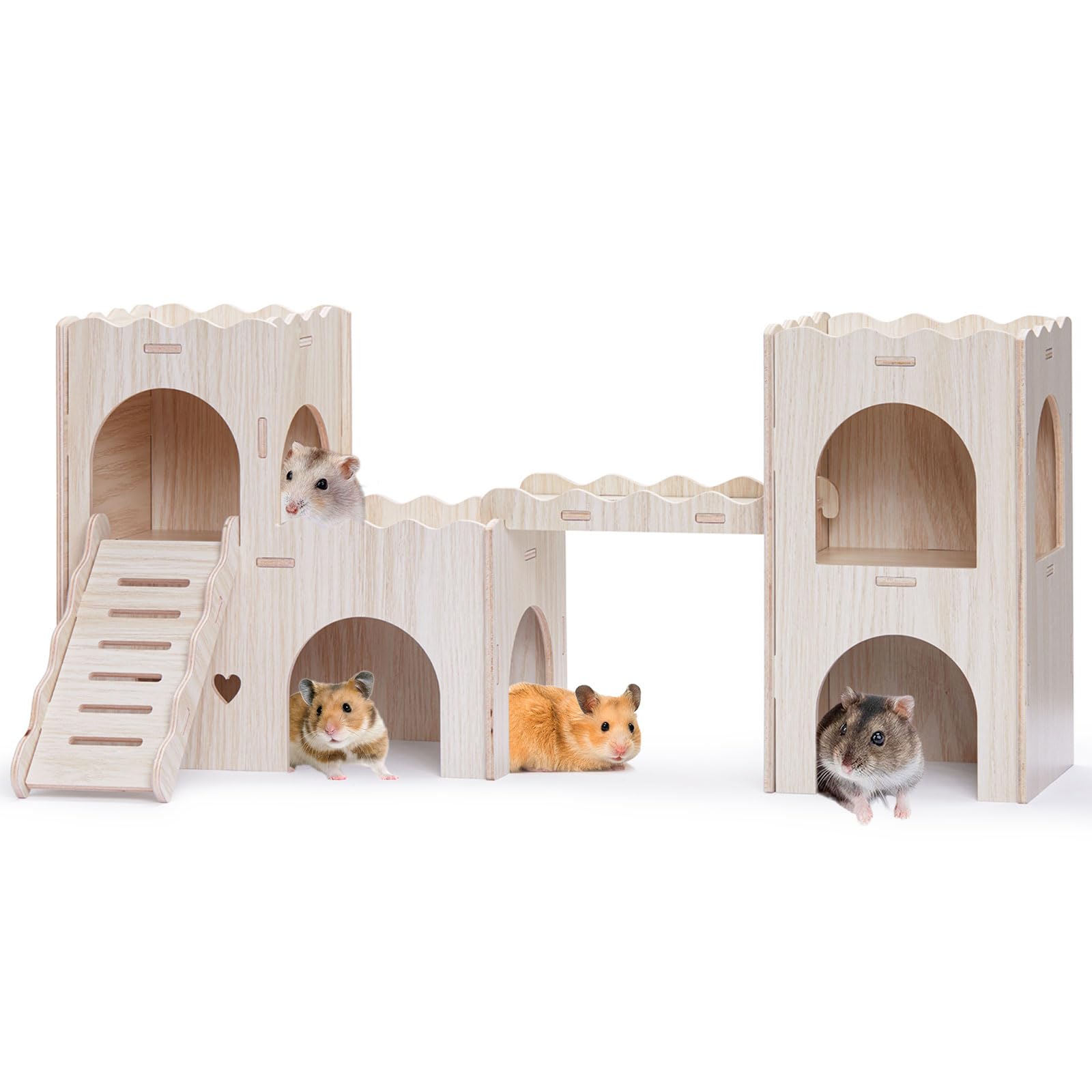 Large Hamster Hideout, Wooden Hamster Houses and Hideouts, Double-Decker Hamster Hut Castle, Dwarf Gerbils Habitat House with Climbing Ladder, Multi
