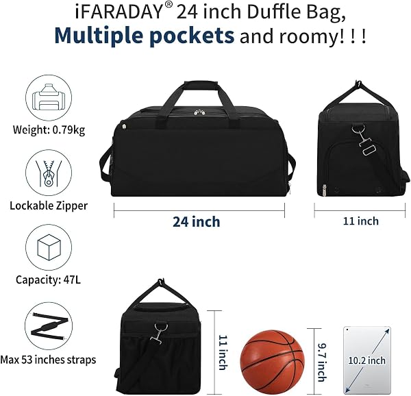 LONALIA Sac de Sport 47L avec Compartiment à Chaussures - 61 * 28 * 28 cm Sac de Voyage avec Passoire pour Valise pour Weekend, Voyage, Court Séjour - Noir - 3