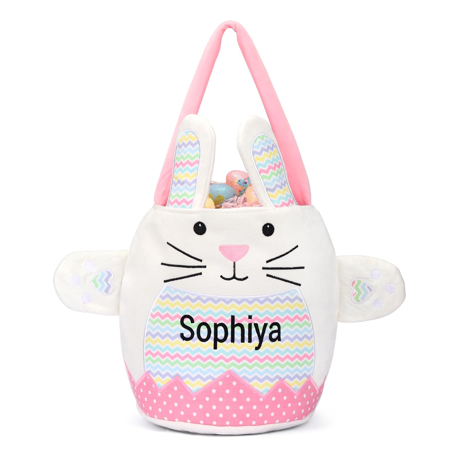 OXYEFEI Personalized Name Easter Basket for Kids - Custom Cute Striped Embroidery Easter Bunny Basket for Boys Girls (Pink)