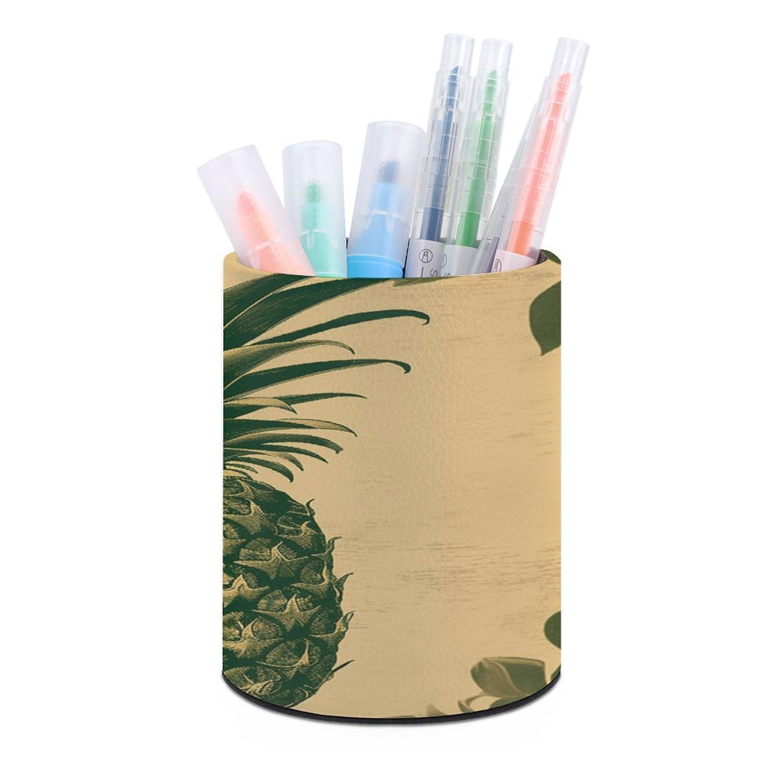 FekiLoot PU Leather Round Pen Holder Vintage Welcome Pineapple Pencil Holder Desk Organizer Pen Organizer Pen Cup Pencil Cup Caddy Desktop Stationery Organizers for Office Home Supplies
