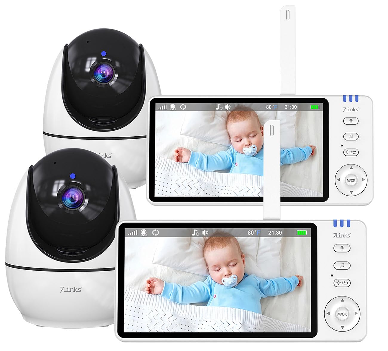 7links baby monitor con schermo: Set da 2 Baby monitor con telecamera HD 720p, Telecamera HD inclinabile, display a colori IPS da 5"/12,7 cm (orientabile, babyphone allarme sonoro, cane)
