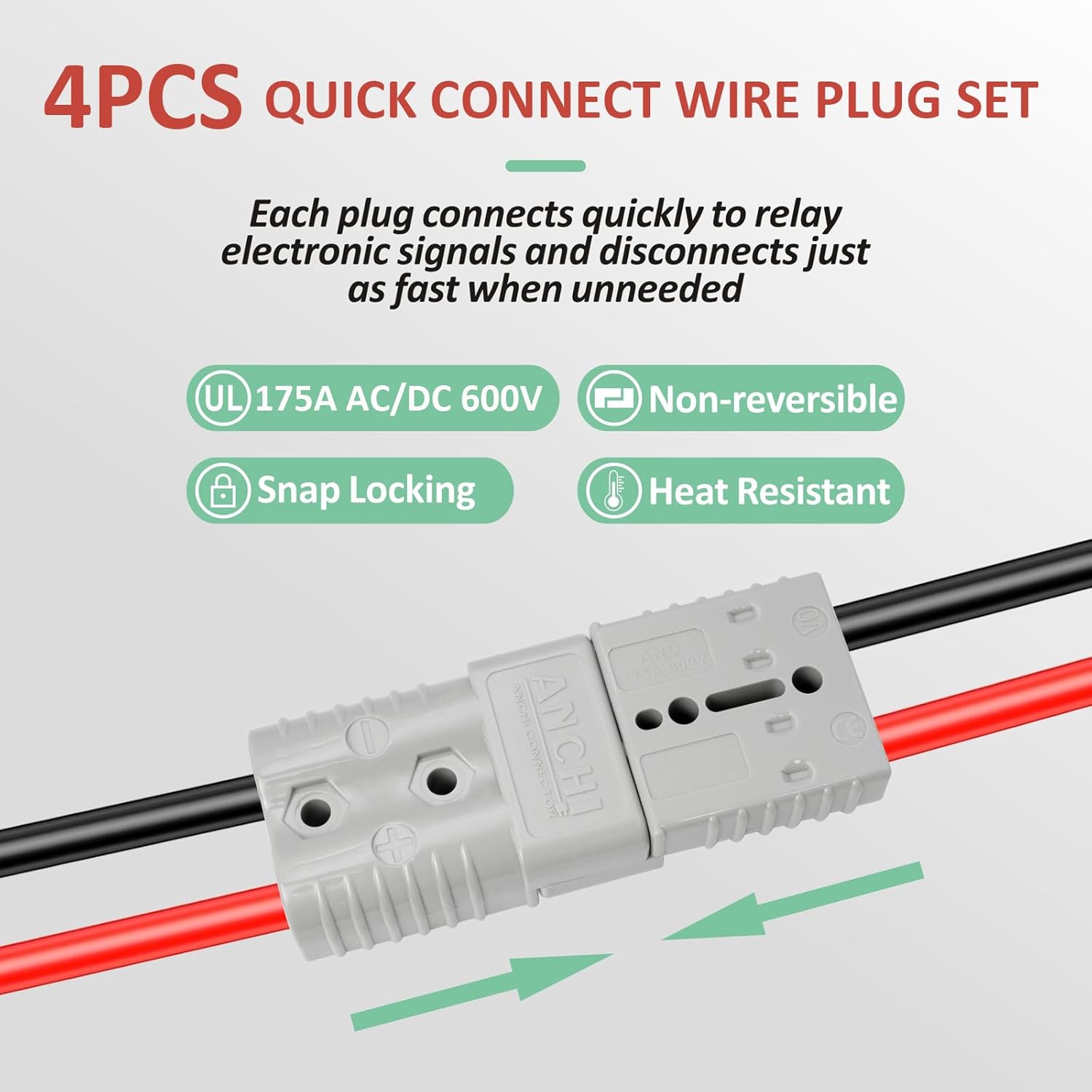 175A 1/0AWG 2-4AWG Battery Quick Connector, Battery Cable Quick Connect Plug Jumper Cables Connectors for Winch Forklift Car Electrical Devices (175A 4PCS Grey, 1/0 AWG)