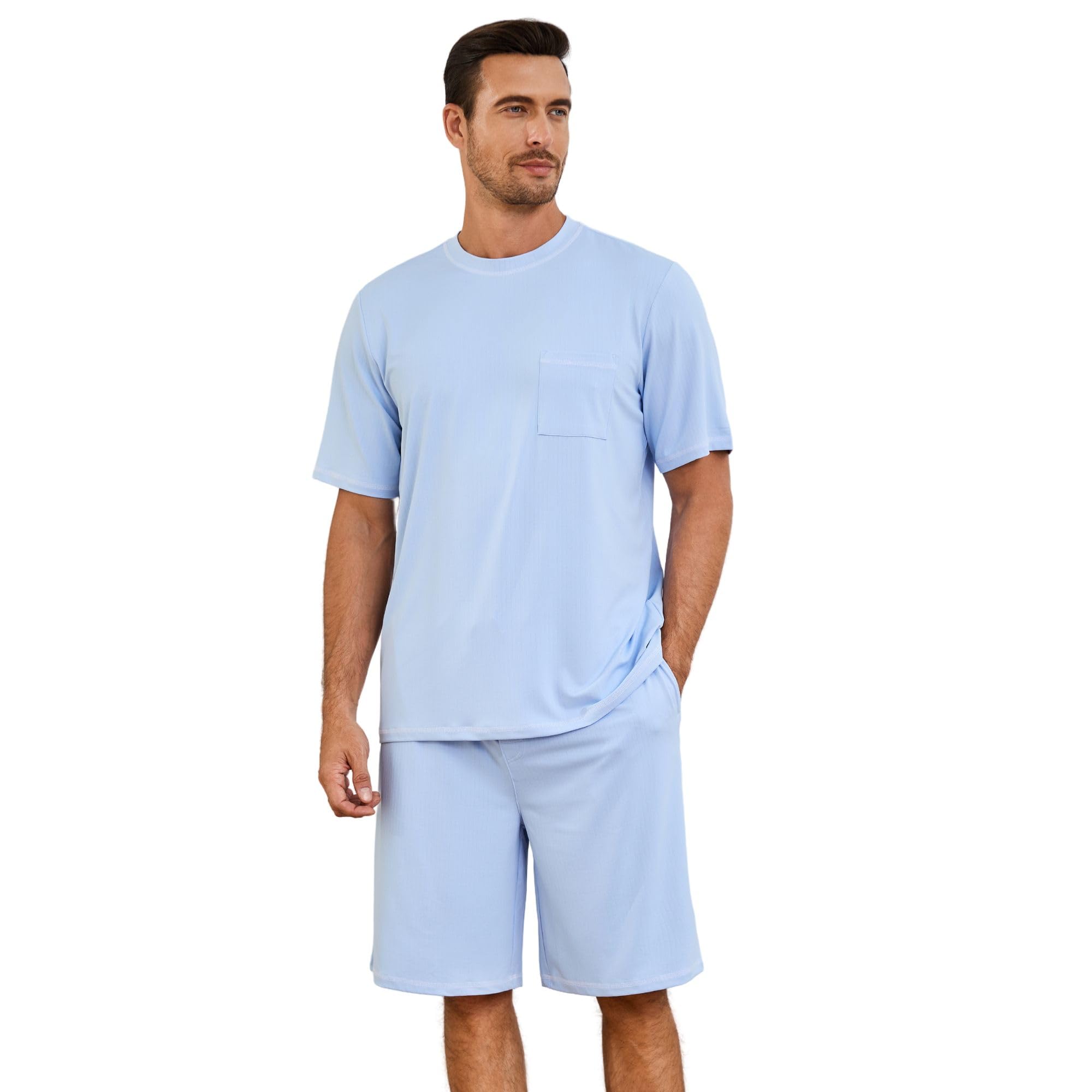 Mens Pajama Set, Soft Short Sleeve Lounge Set Pullover Pjs 2 Piece Outfits with Pocket