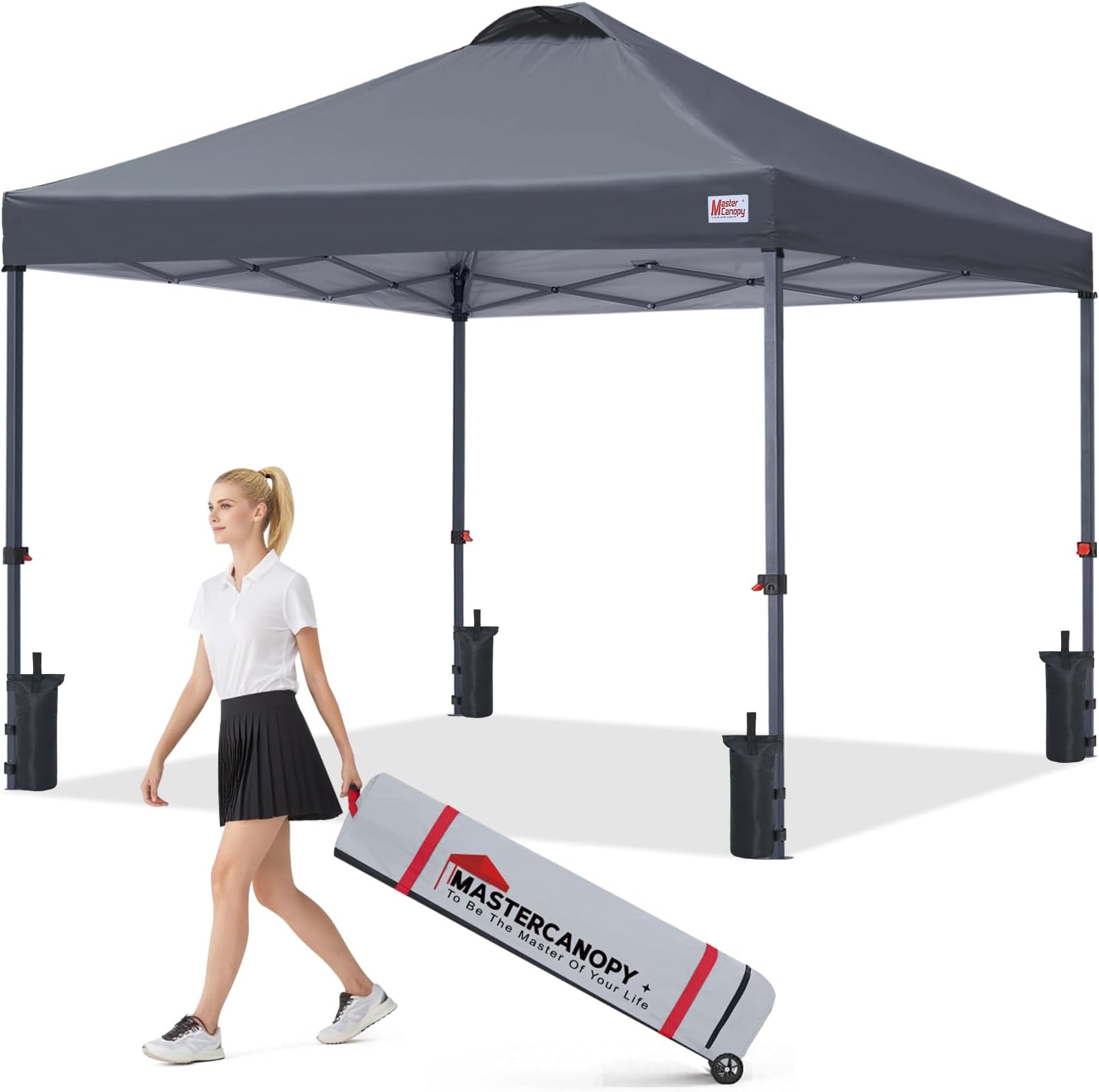 MASTERCANOPY Pop-up Gazebo Tent with Roller Bag | 3 Adjustable Height Settings, 1 Person Setup Instant Shelter, Outdoor Portable Beach Canopy, 4 Sandbags, 4 Ropes, 8 Stakes