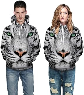 SMYUI Felpe con Moda 3D Stampa Ragazzi e Uomo Tasche Coulisse Felpa con Cappuccio Sportiva Allentata Unisex Tigre Bianca