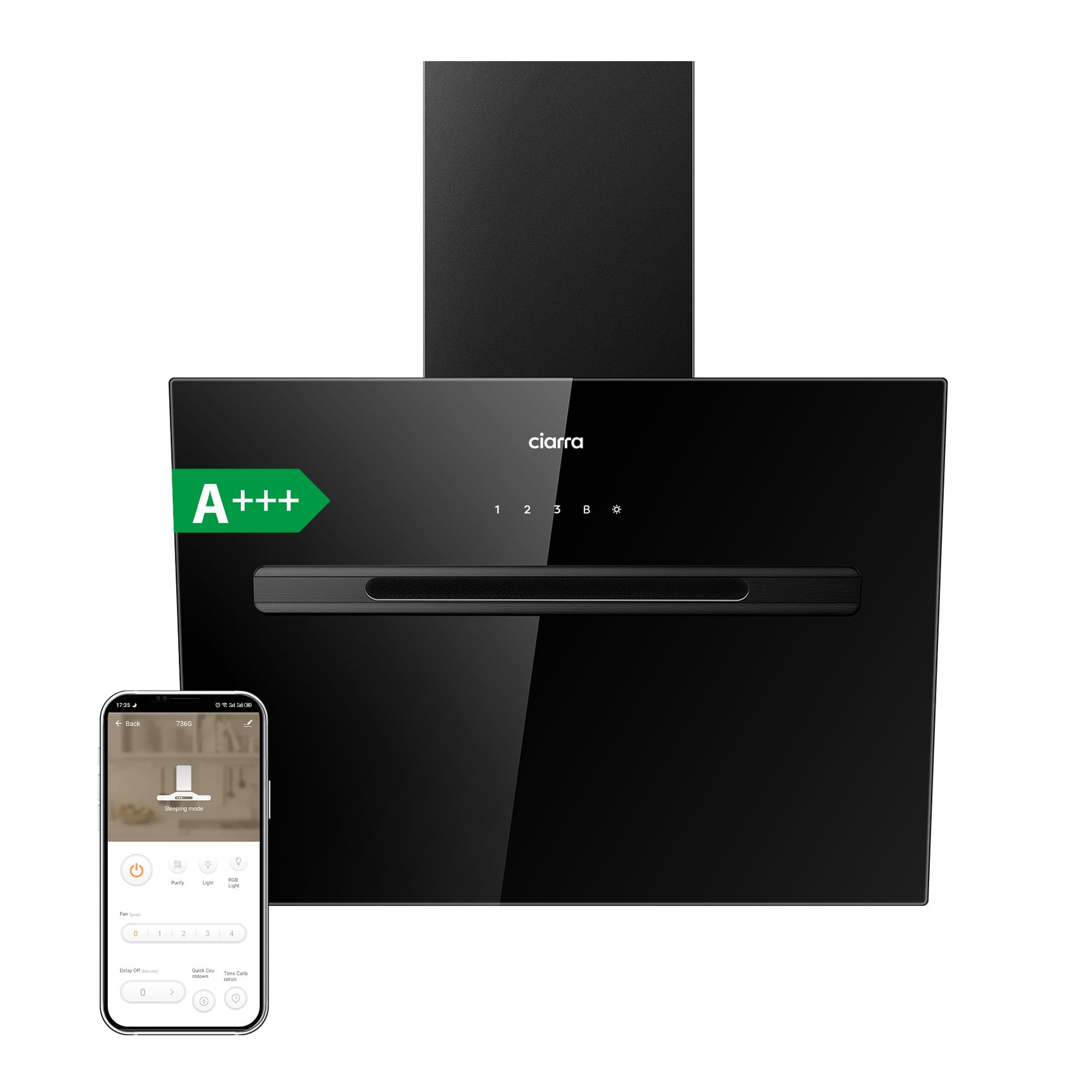 CIARRA ASB6736G A+++ Hotte Aspirante 60cm - WIFI Hotte Inclinée 700m³/h - 4 Vitesses - Fonction Booster - Contrôle WIFI + APP - Éclairage LED Dimmable de 2 Niveaux Luminosité - Noir