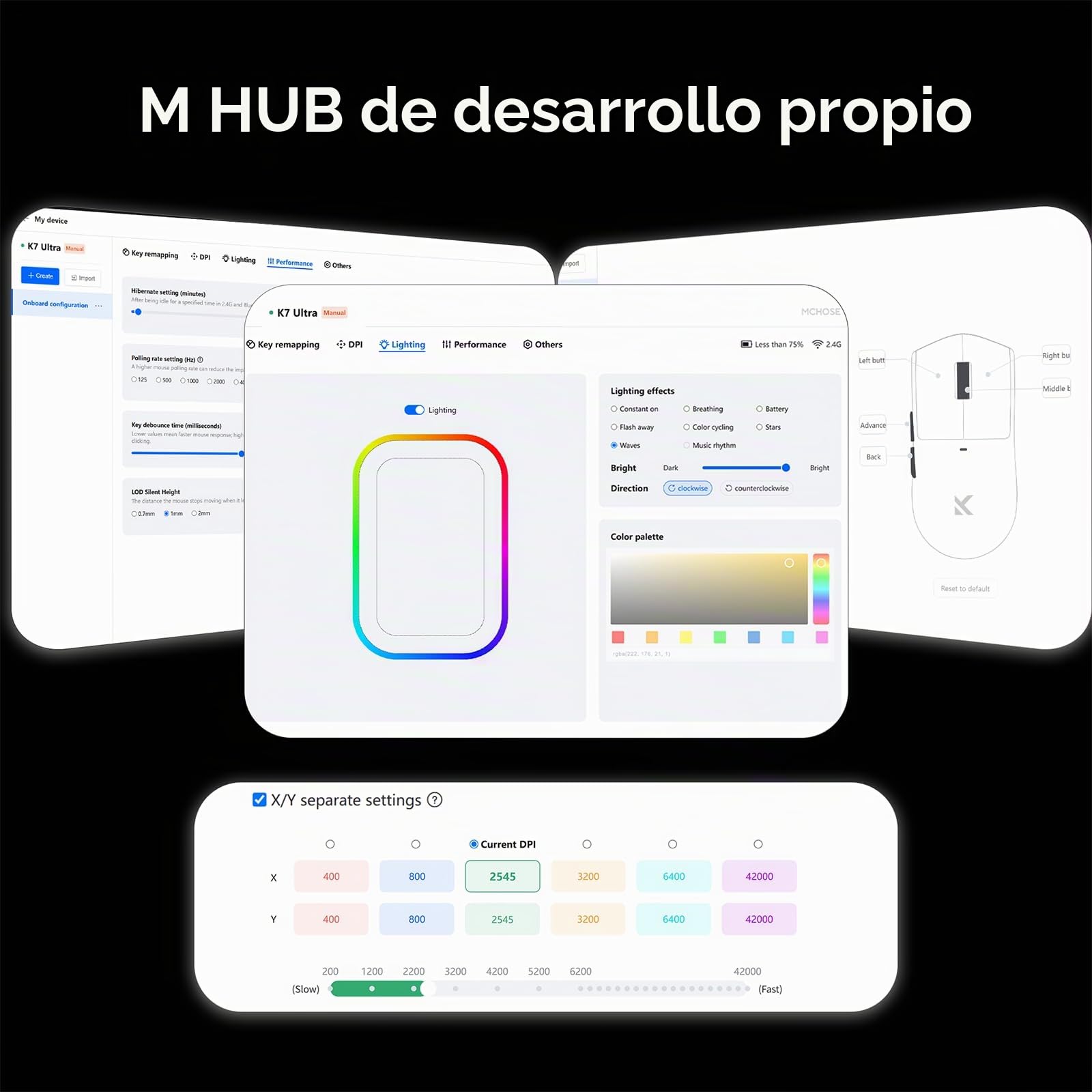 MCHOSE K7 - Ratón inalámbrico para juegos, estación de carga magnética RGB | 42000DPI, Sensor PAW3950, Dual 8K Polling, Ligero 59g, Inalámbrico BT/2.4G/Cableado, Batería 500mAh, PC/Mac, Negro-Oro