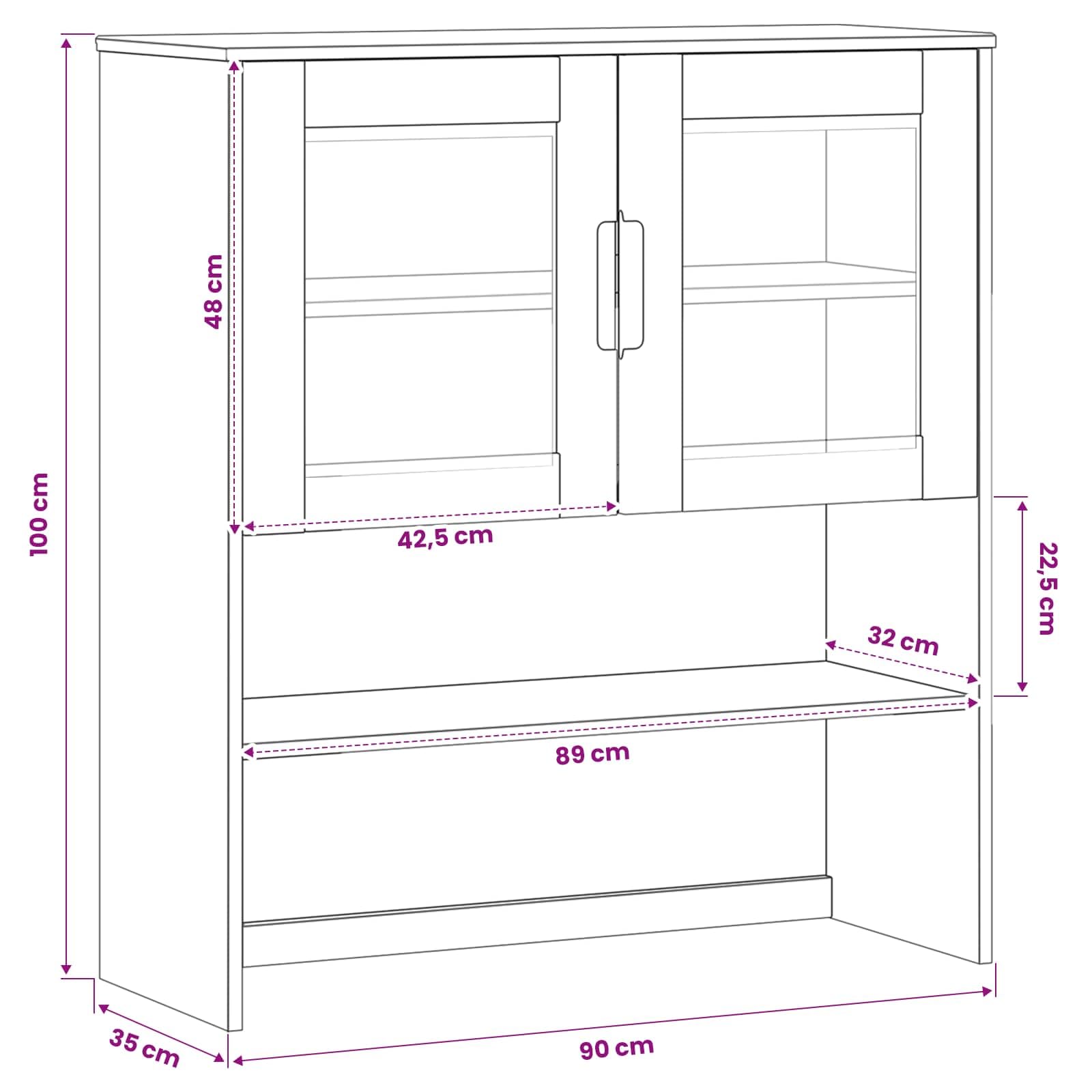 Hängeschrank Kiefer Massivholz – Rustikaler Geschirrschrank in Karamell mit Glastüren, Küchenoberschrank für Wohnzimmer & Esszimmer, Mattes Finish, 90x35x100 cm