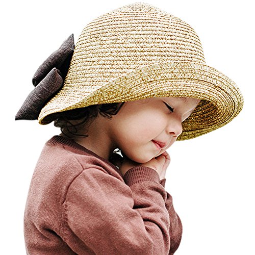 Evelin LEE Girl Kids Summer Wide Brim Floppy Beach Sun Visor Straw Hat Bowknot