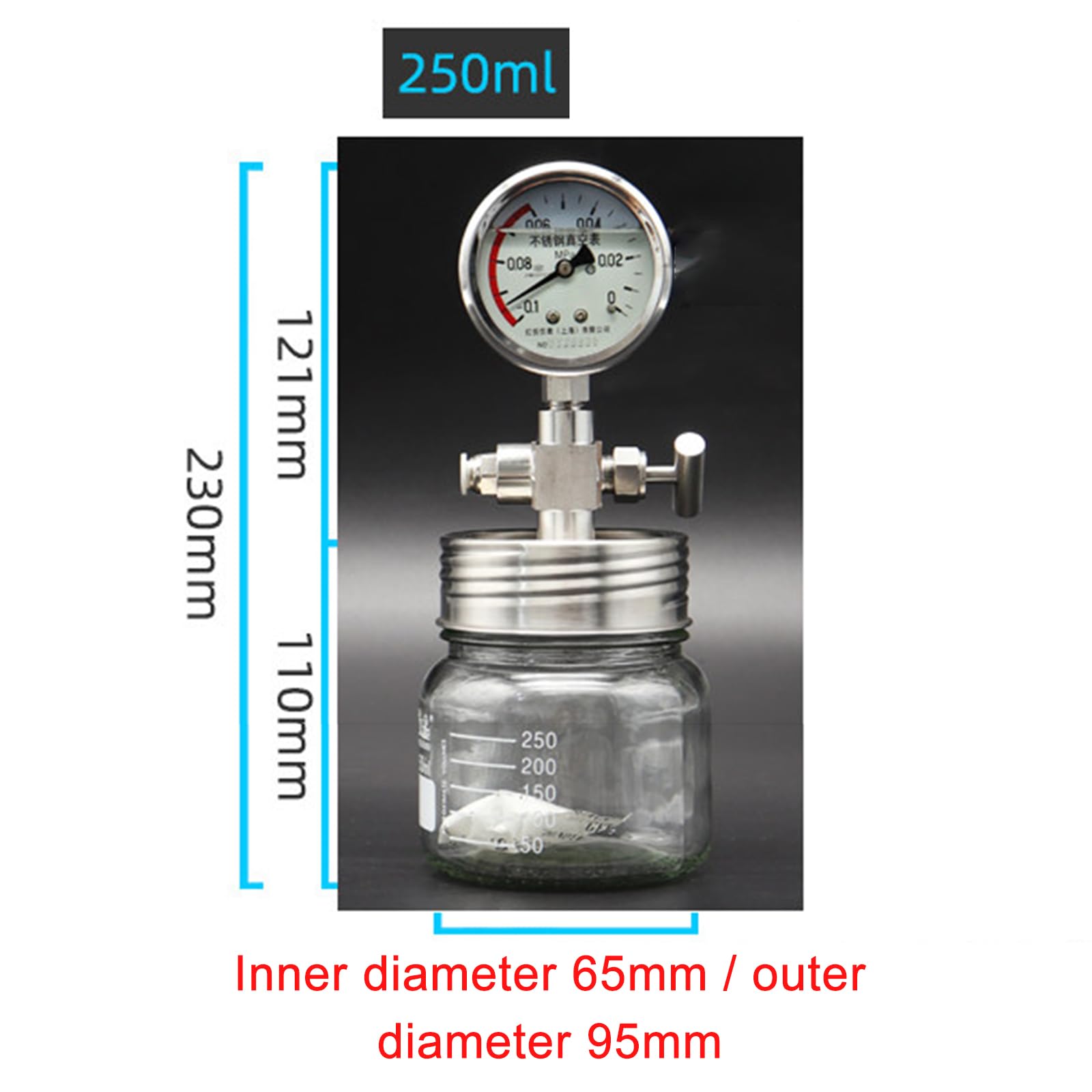 Cámara de vacío, tanque de almacenamiento de desgasificación con medidor de vacío, ideal para conservación de muestras de laboratorio y almacenamiento de muestras químicas/biológicas, 250 ml/500 ml
