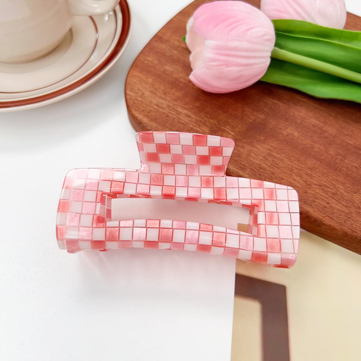 Pinzas de pelo a cuadros para mujeres y niñas, pinzas grandes de moda de 4 pulgadas para peinar, pinzas de garra para el cabello grueso, retro, forma rectangular (paquete de 3)