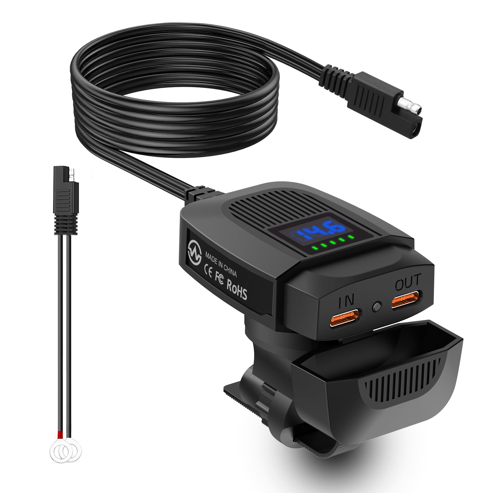 Maxlithium Motorcycle USB C Charger, 30W Fast Charging & Reverse Charging with USB C Port, Voltage Display, Compatible with 12V Lead-Acid & Lithium Batteries for Motorcycles, Scooters, ATV