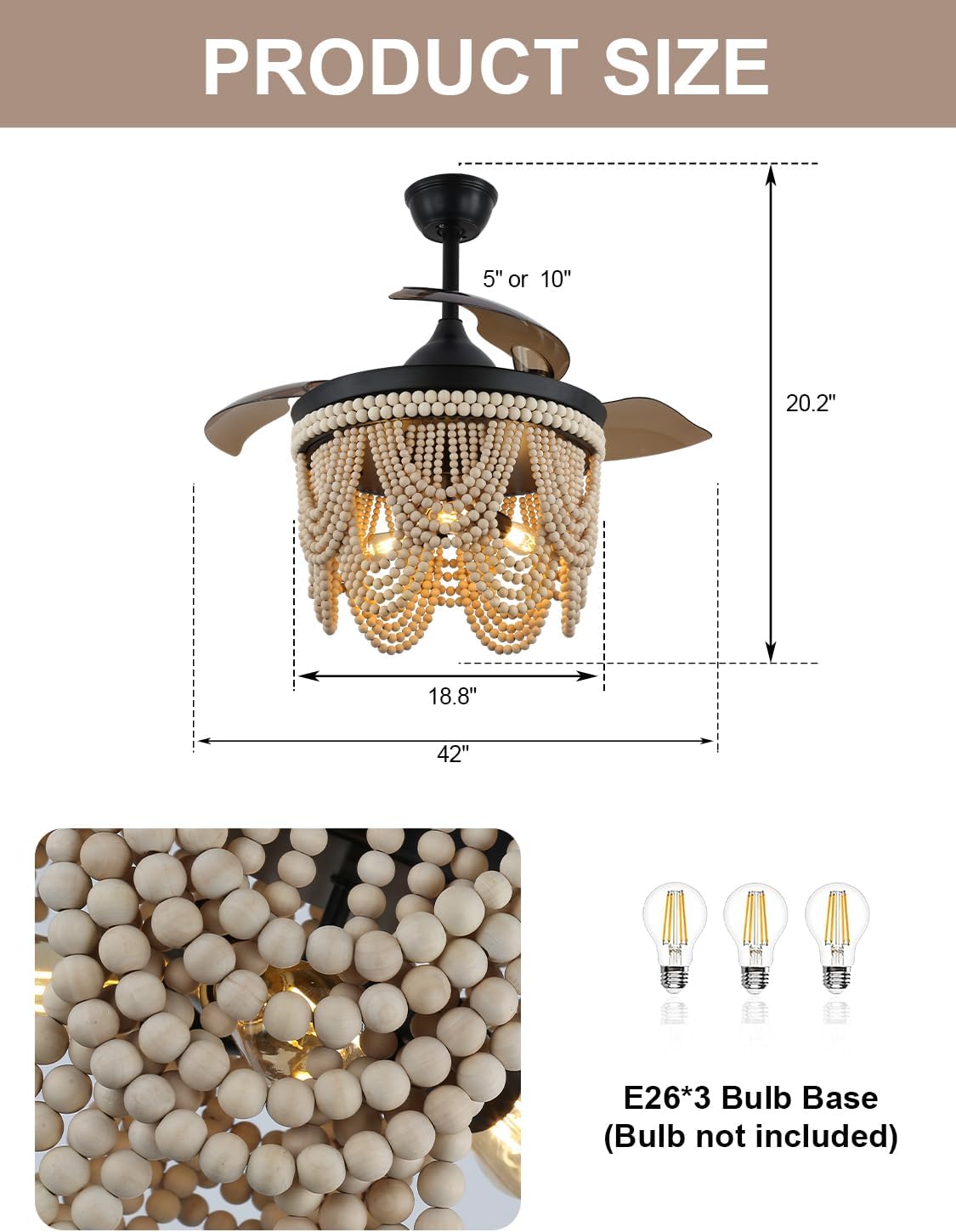 42" Boho Ceiling Fan with Light and Remote Retractable Ceiling Fan Wood Beaded Boho Fandelier Coastal Chandelier, Retractable Blade 6 Speeds Reversible Quiet DC Motor for Bedroom Living Room