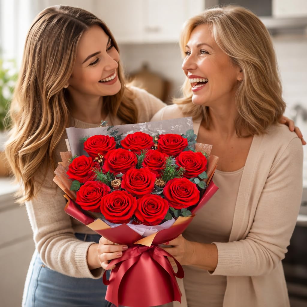 ADDWel Ramo de Flores con 12 Rosas Eternas Regalo para Día de la Madre y el Sant Jordi, Ramo de Rosa Eterna Natural Preservada, Regalos Originales para Mujer Novia Esposa o Mamá Cumpleaños Aniversario