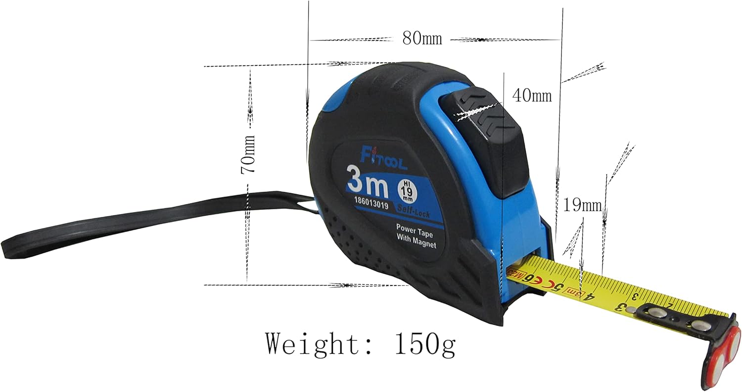 Self Lock Power Tape Measure, Metric, Retractable, Magnetic Hook, Shock Absorbent Rubber Case for Construction，Surveyor, Auto-lock Professional Measuring Tape 19mm x 3M