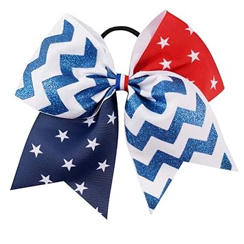 USA Red White Blue Girls Cheer Hair Bow Ties America Flag Glitter Hair Ribbons Bows with Elastic Tie (Blue Wave)