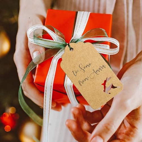 150 etiquetas de presente de papel de Natal marrons com cordão, 12 designs diferentes de etiquetas d