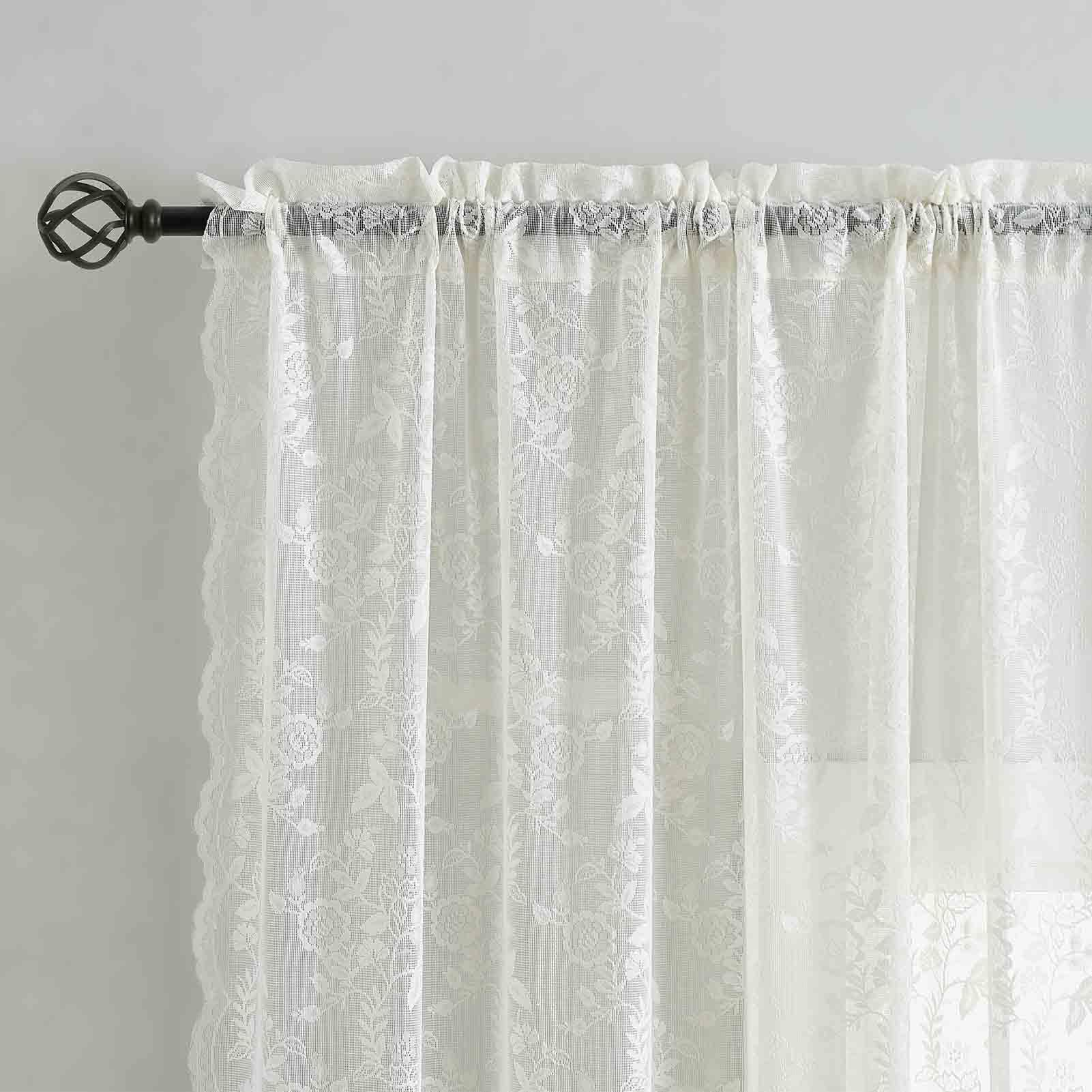 FINECITY Lace Curtains 54 Inch Length for Bedroom, Rustic Leaf Floral Pattern Lace Curtain Panels, Rod Pocket Vintage Privacy Window Sheer Lace Curtains, 42 x 54 Inch, 2 Panels, Ivory