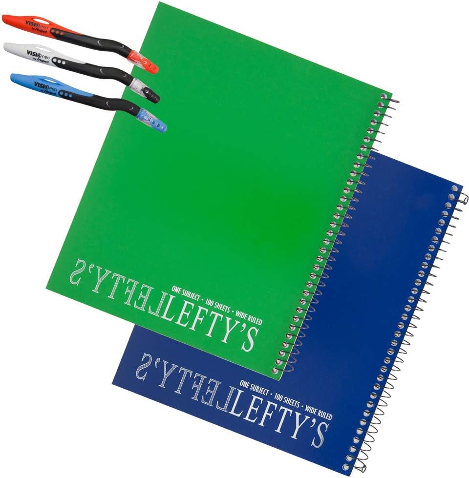 2 Lefty and Mirrored Lefty Left Handed Wide Ruled Notebooks Plus 3 Left-handed Visio Pens, Assorted Colors