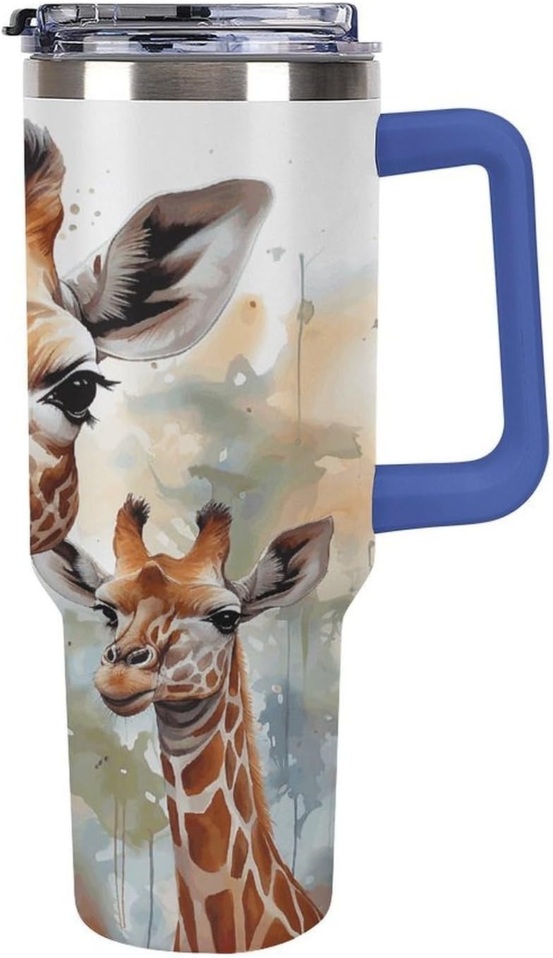 Watercolor Deer Giraffe Travel Coffee Mug Reusable Durable Stainless Steel Insulated Tumbler with Handle And Straw Leak Resistant Portable Thermal Cup Gifts for Men Women 40 Oz