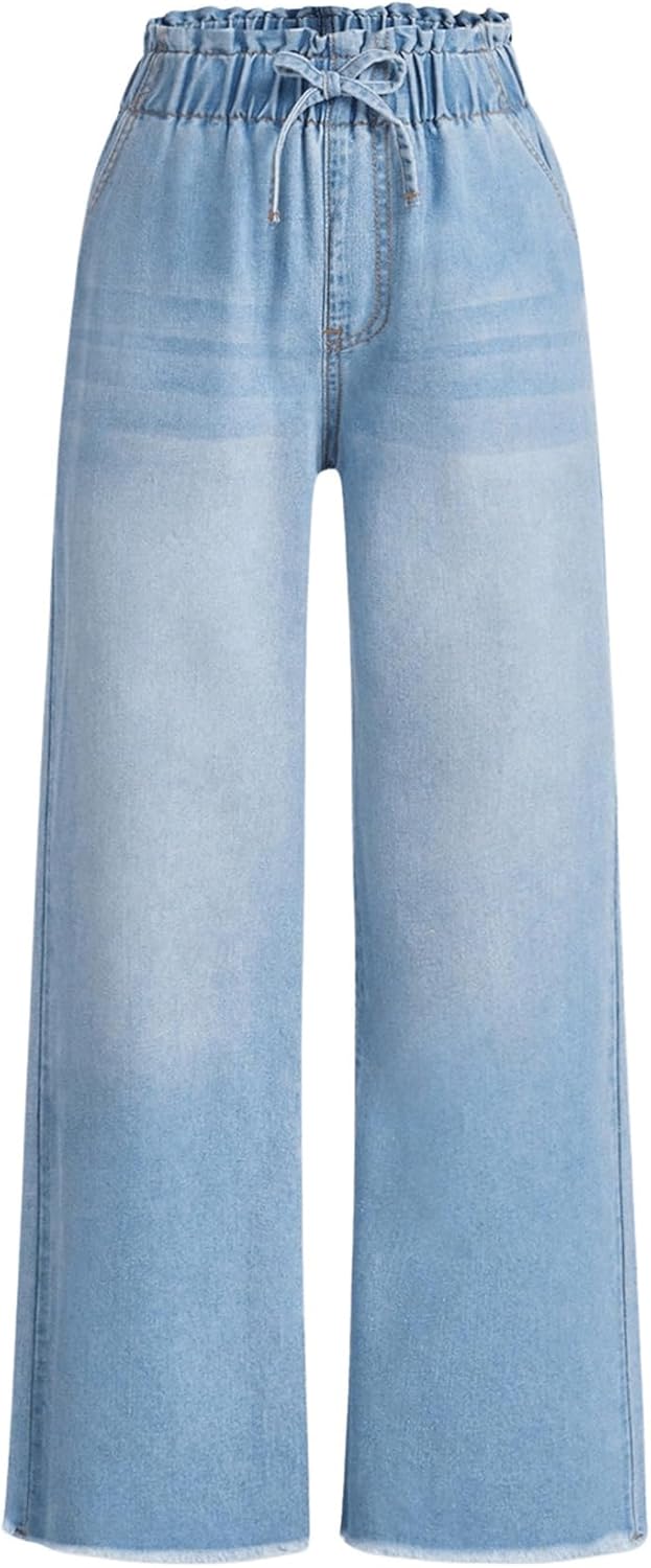 Milumia Girl's Wide Leg Jeans Drawstring Elastic Waist Raw Hem Baggy Paperbag Denim Pants