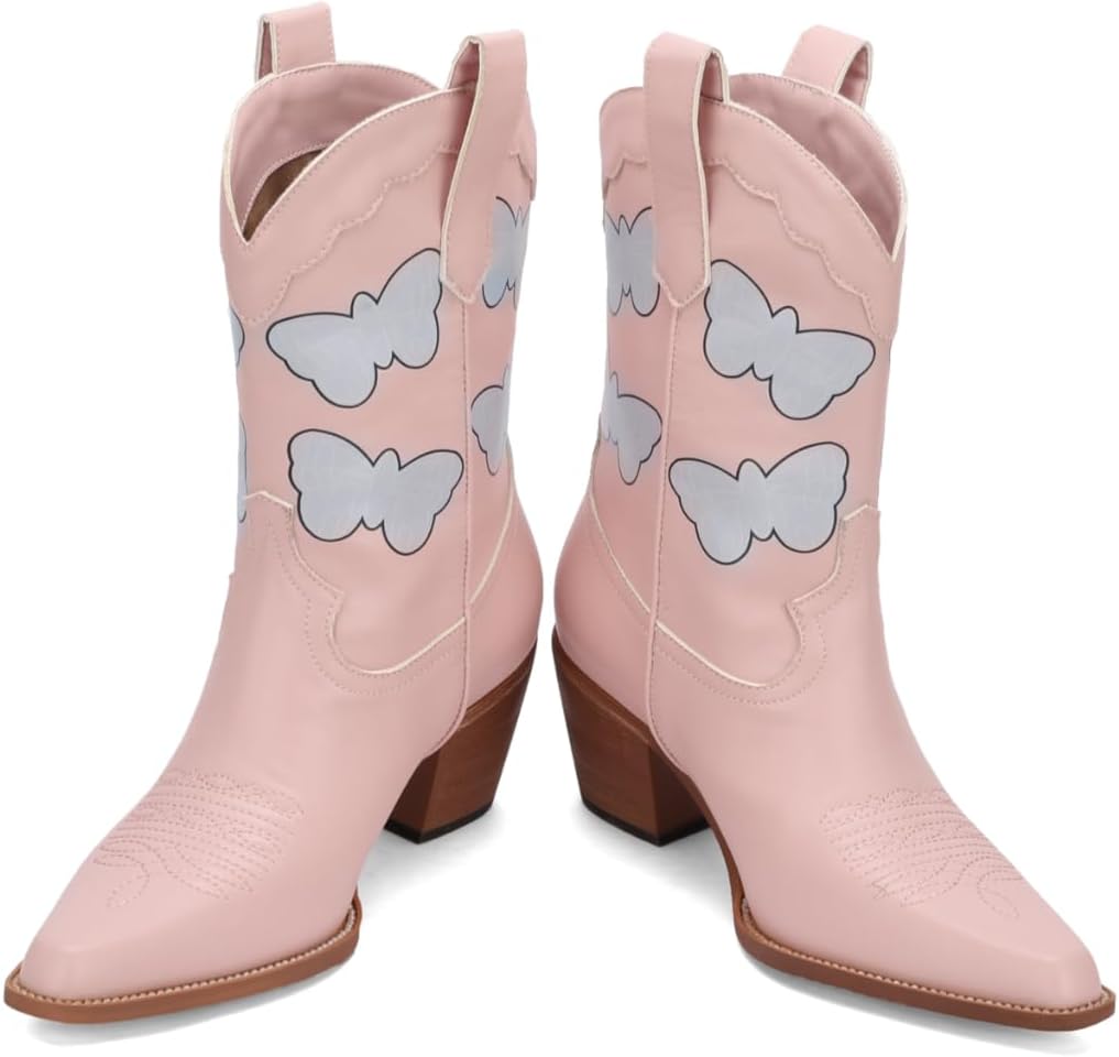 Cowboy Boots for Women Mid-Calf Western Cowgirl Boots Chunky Heel Square Toe Fashion Country Boots Pull On for Party Concert
