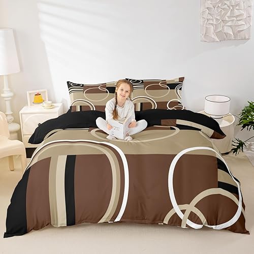 Miniatura 4 de Funda de edredón moderna color marrón, gris y negro, tamaño Queen, funda de edredón geométrica con remolinos para niños y niñas, juego de ropa de