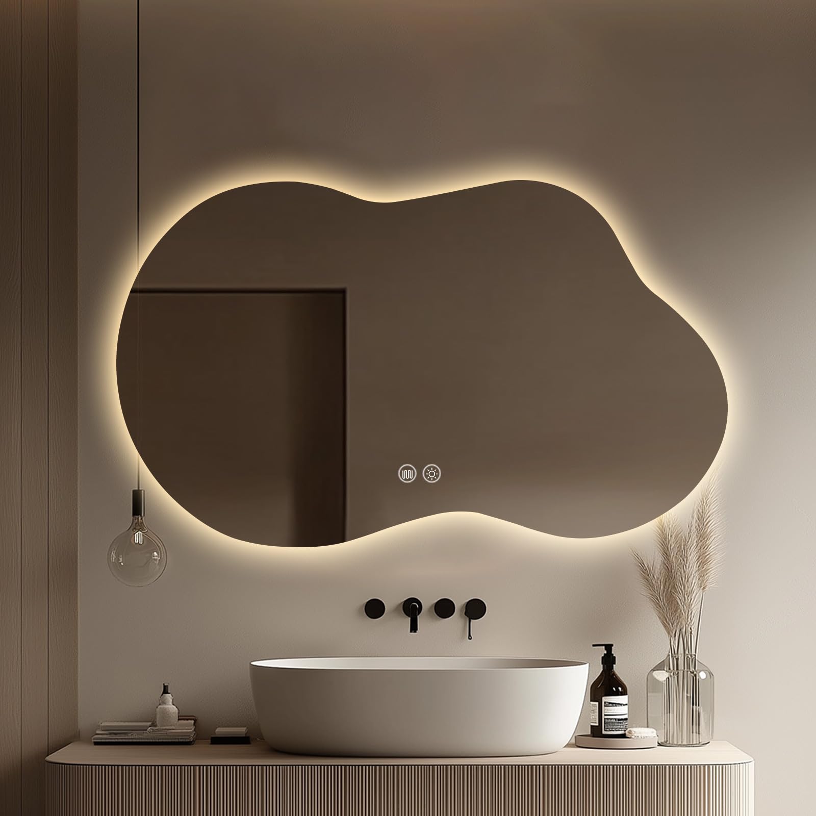 led bathroom mirror with lights 24x40, stepless dimmable irregular backlit mirror with 3 colors, anti-fog, memory, al-alloy lampshade, frameless smart mirror for bathroom (horizontal/vertical)