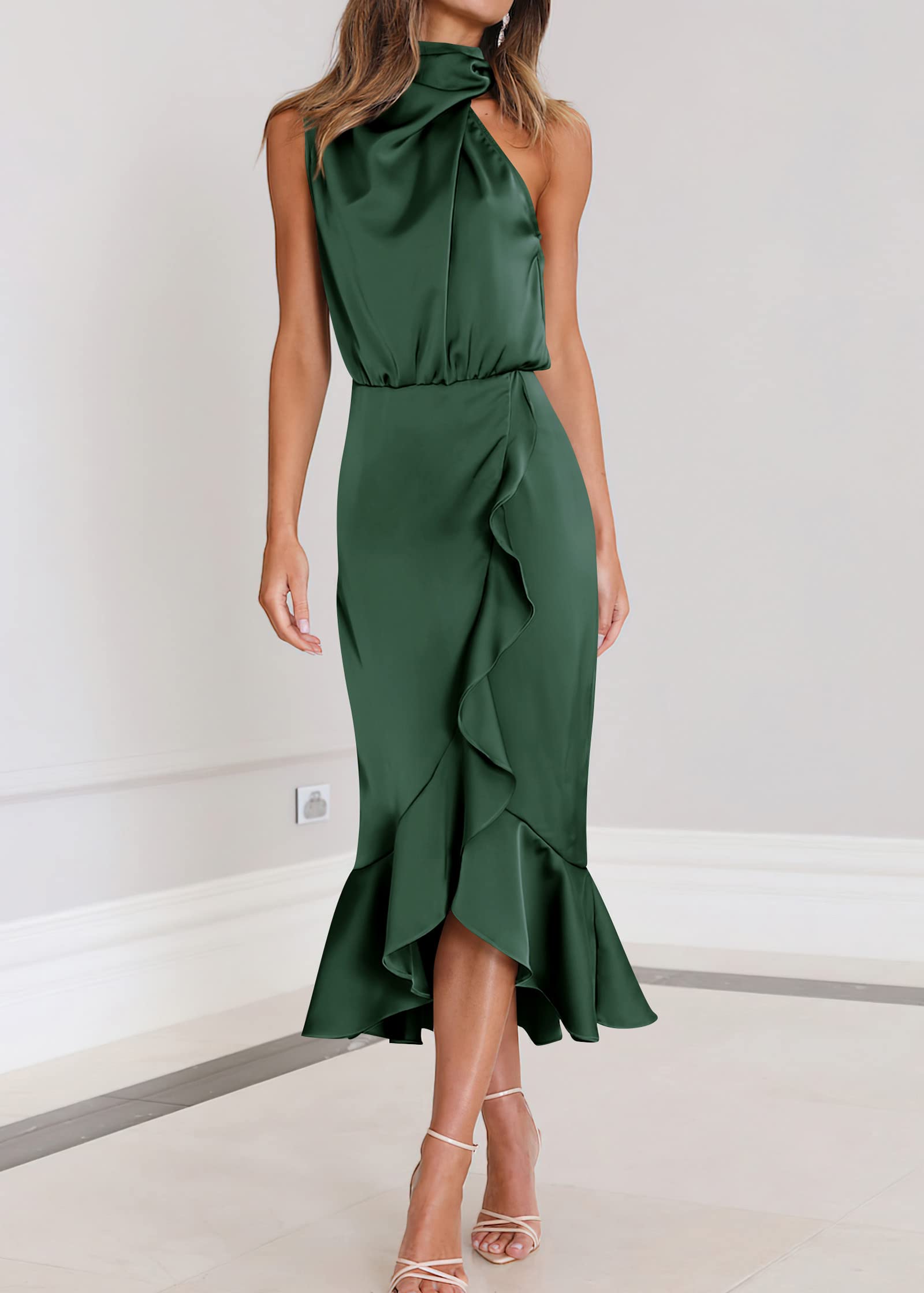 Condition photo showing New/Like New for kirundo womens 2023 summer satin mock neck party cocktail maxi dress sleeveless wrap ruffle mermaid hem formal dresses(army green, medium)