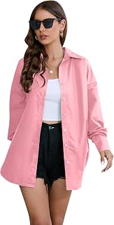 WINDEHAO Spring Autumn Women's Cotton Shirt,Bright Colour Long-sleeved Blouse Casual Loose Fit Button Down Tops