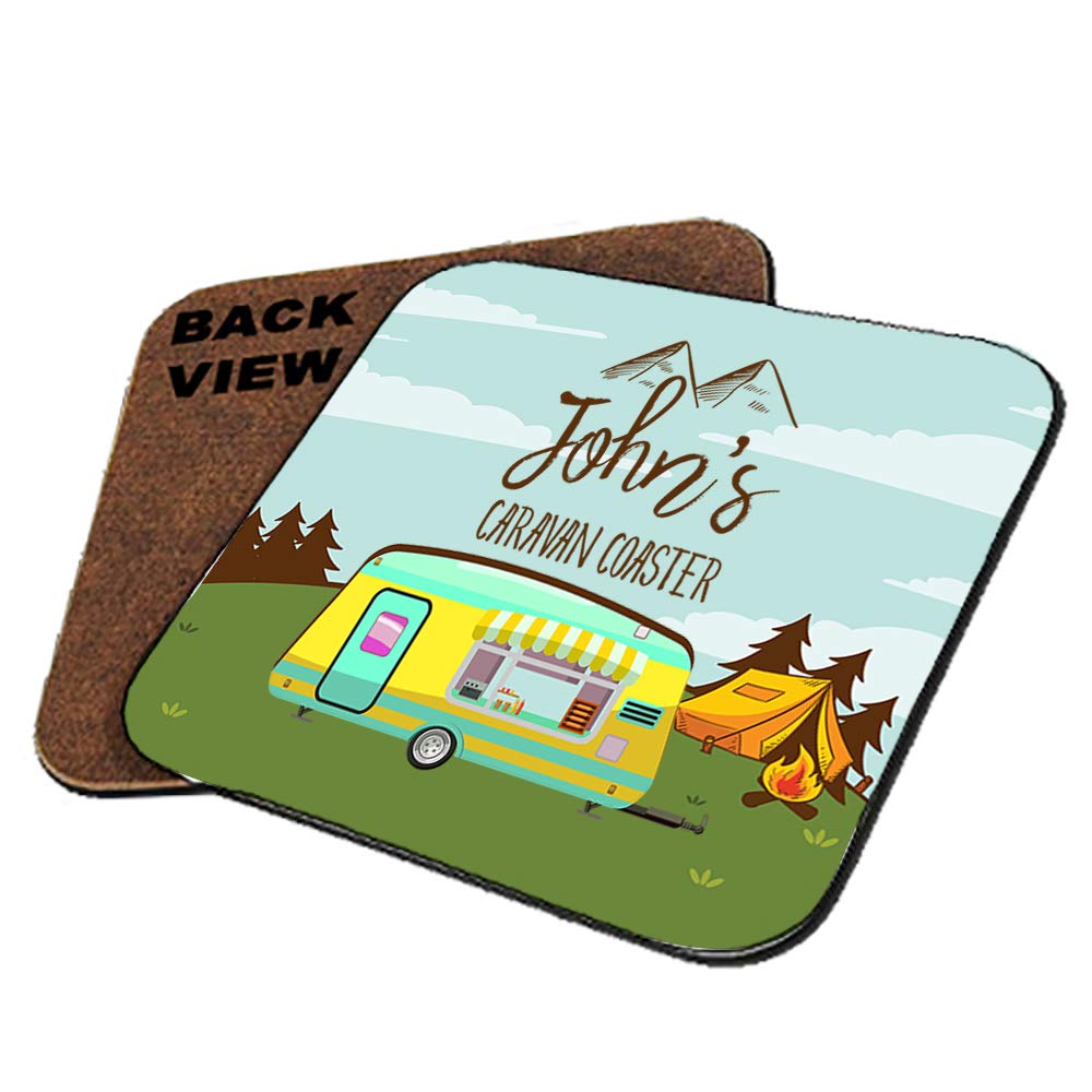 Personalised with Any Name Caravan Tableware, Coffee/Tea/Drink Coaster, Present for Him or Her, Happy Campers, Friend, Family, Birthday, Vacation, Holiday. (Square Shaped Coaster)
