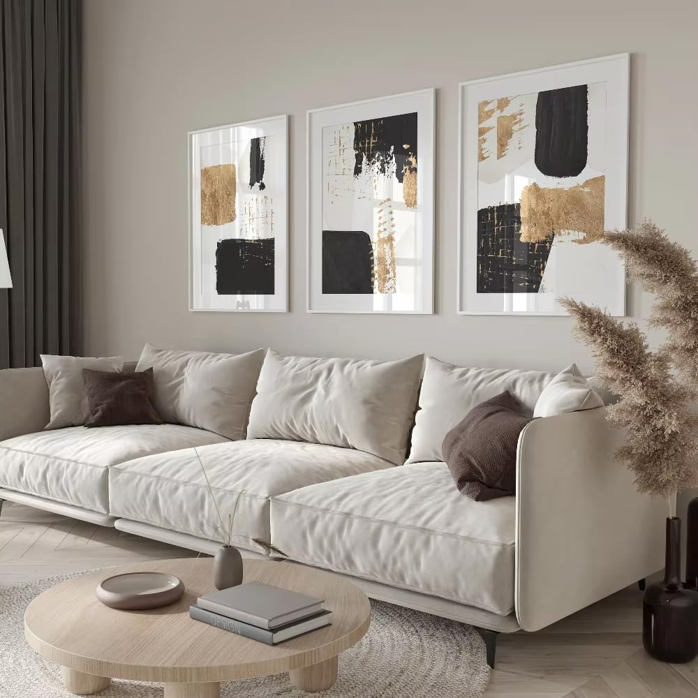awtrhfc Abstract Wall Art Black Gold Shapes Wall Art Geometric Hallway Prints Living Room Wall Decor(40x60cm(16x24in) x3/No frame)