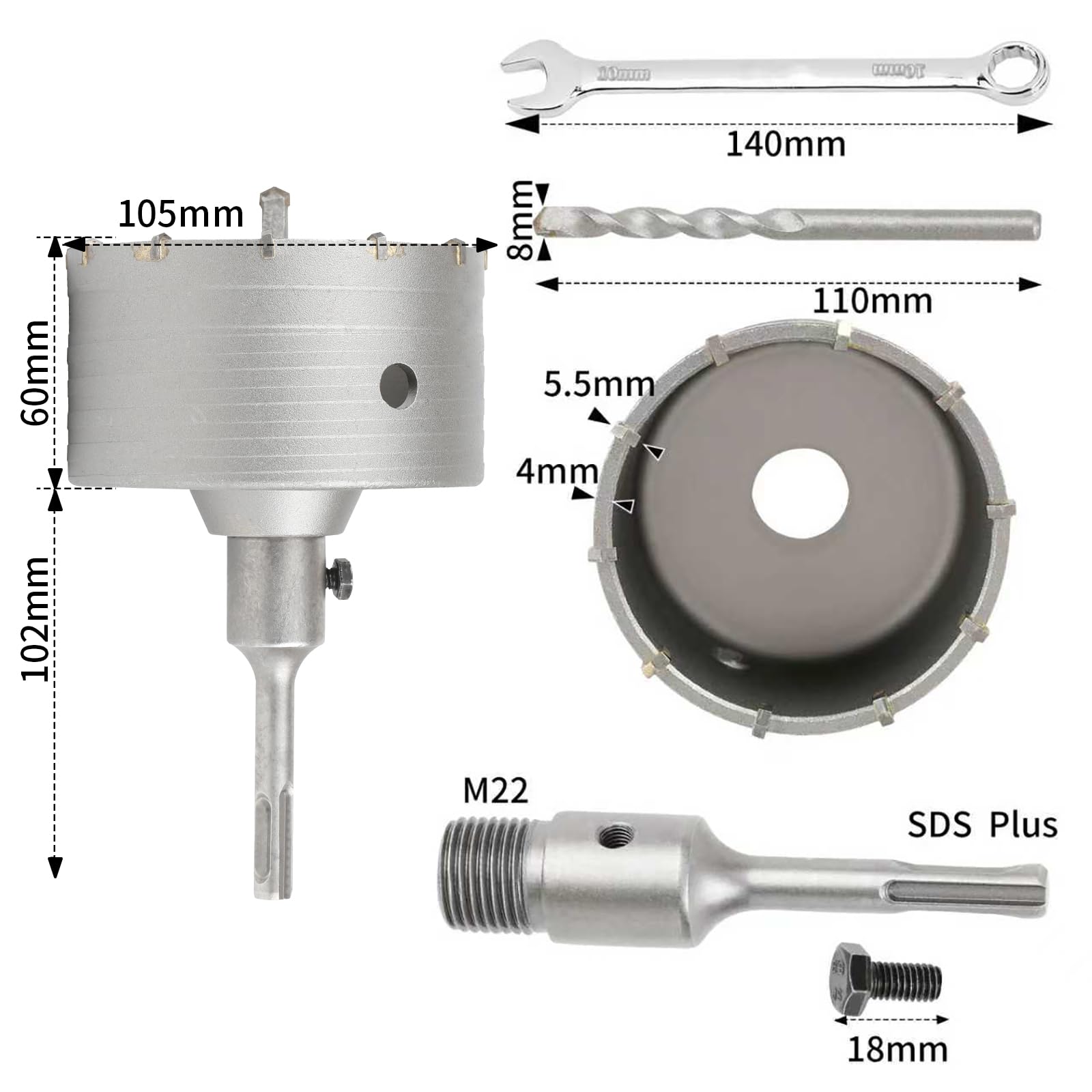 SUQIN Carotatrice A Tazza Per Muro Ø 105mm Con Adattatore SDS PLUS 110 mm E Punta Centraggio 8 mm x 110 mm,Sega A Tazza Per Calcestruzzo,Frese Carotatrici a Tazza per Muri Calcestruzzo Cemento