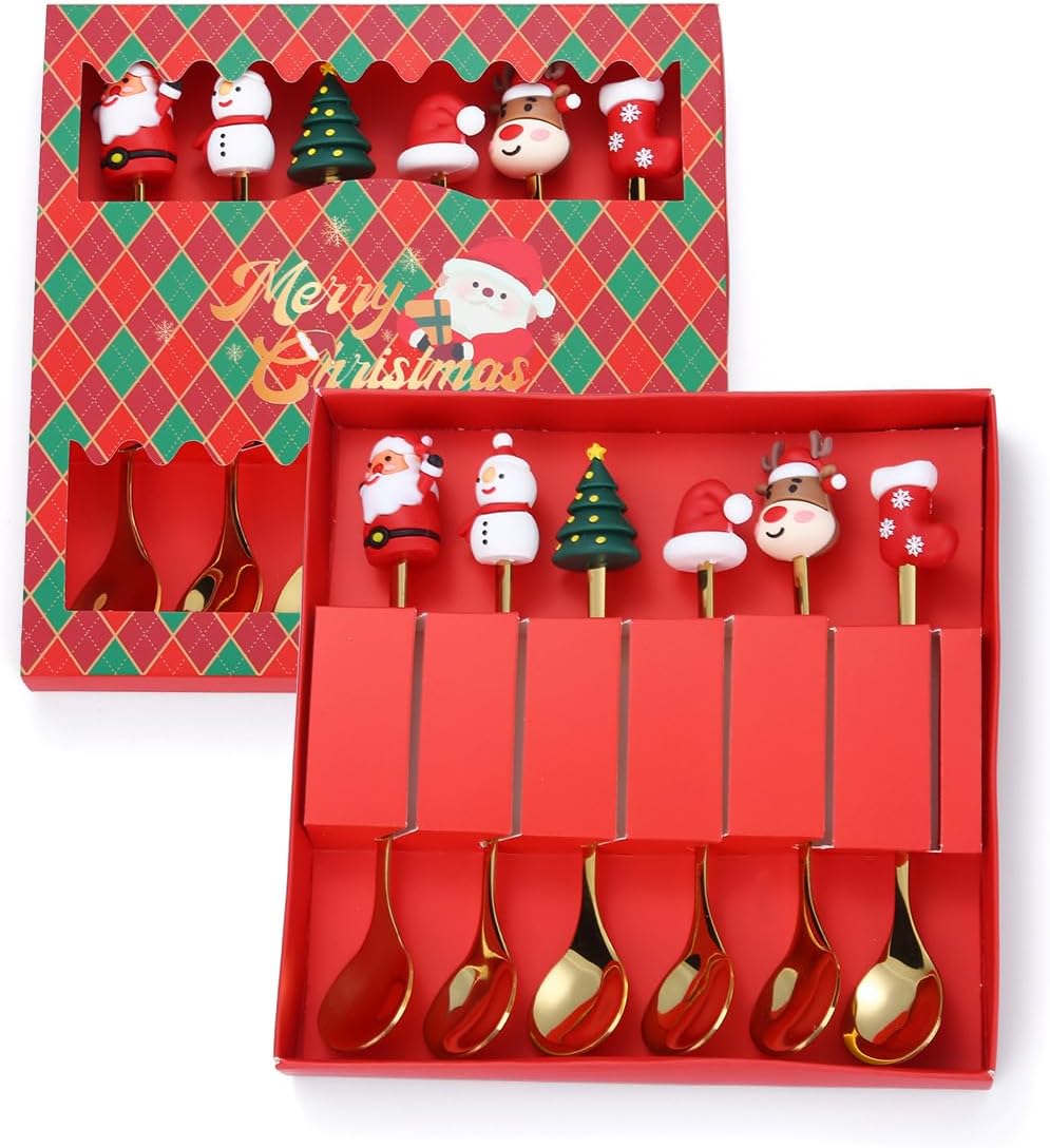 Silverware Flatware Set, 6/24/36/48/60/72pcs Cartoon Christmas Spoon Tableware Set Restaurant Dessert Coffee Spoon Fruit Spoon Gold Gift Spoon(Green,4Set)