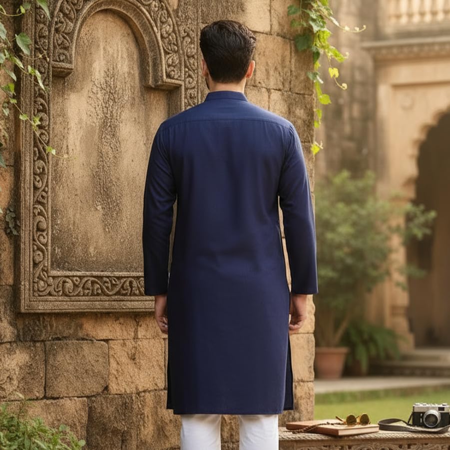 Image of Men's Cotton Blend Blend Knee Length Solid Color Style Stright Long Mandrin Collor Ethnic Casual Wear Kurta Only
