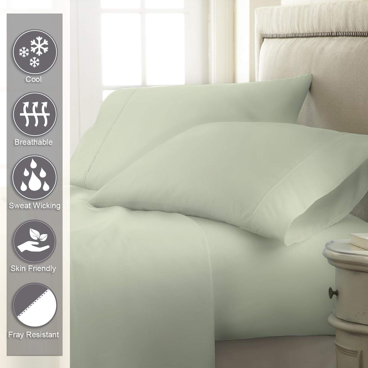 Pizuna 100% Cotton Single Bed Sheet Set Light Sage, 400 Thead Count Long Staple Cotton Bedding Set 180x280 cm, Soft Sateen 3 PC Single Bed Sheet Set - Fitted Sheet, Flat Sheet & 1 Pillowcase - Image 2