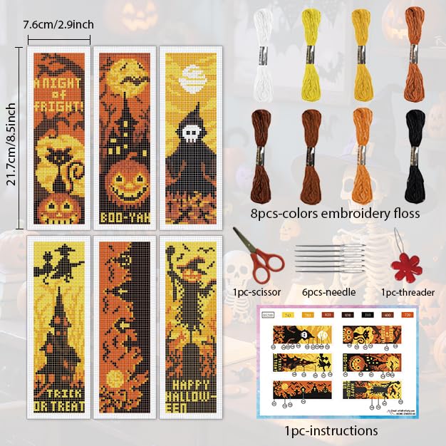 Image of INFUNLY Halloween Cross Stitch Bookmarks Kit Evil Pumpkin Handmade Cross Stitch Bookmarks Skeleton Ghost Embroidery Bookmark Trick or Treat DIY Cross Stitch Set with Instruction for Adults Book Lover