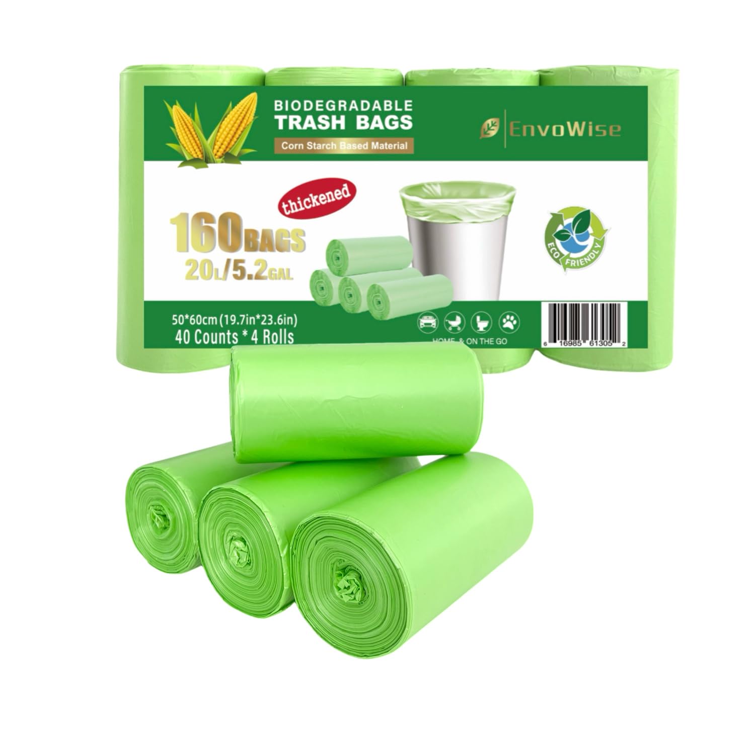 5.2 Gallon Biodegradable Trash Bags (THICKENED) | Eco Friendly, Unscented, 20L Strong Multipurpose Waste Bags for Bathroom Bedroom Office Kitchen, 160 Count | Compostable Garbage Bag by EnvoWise