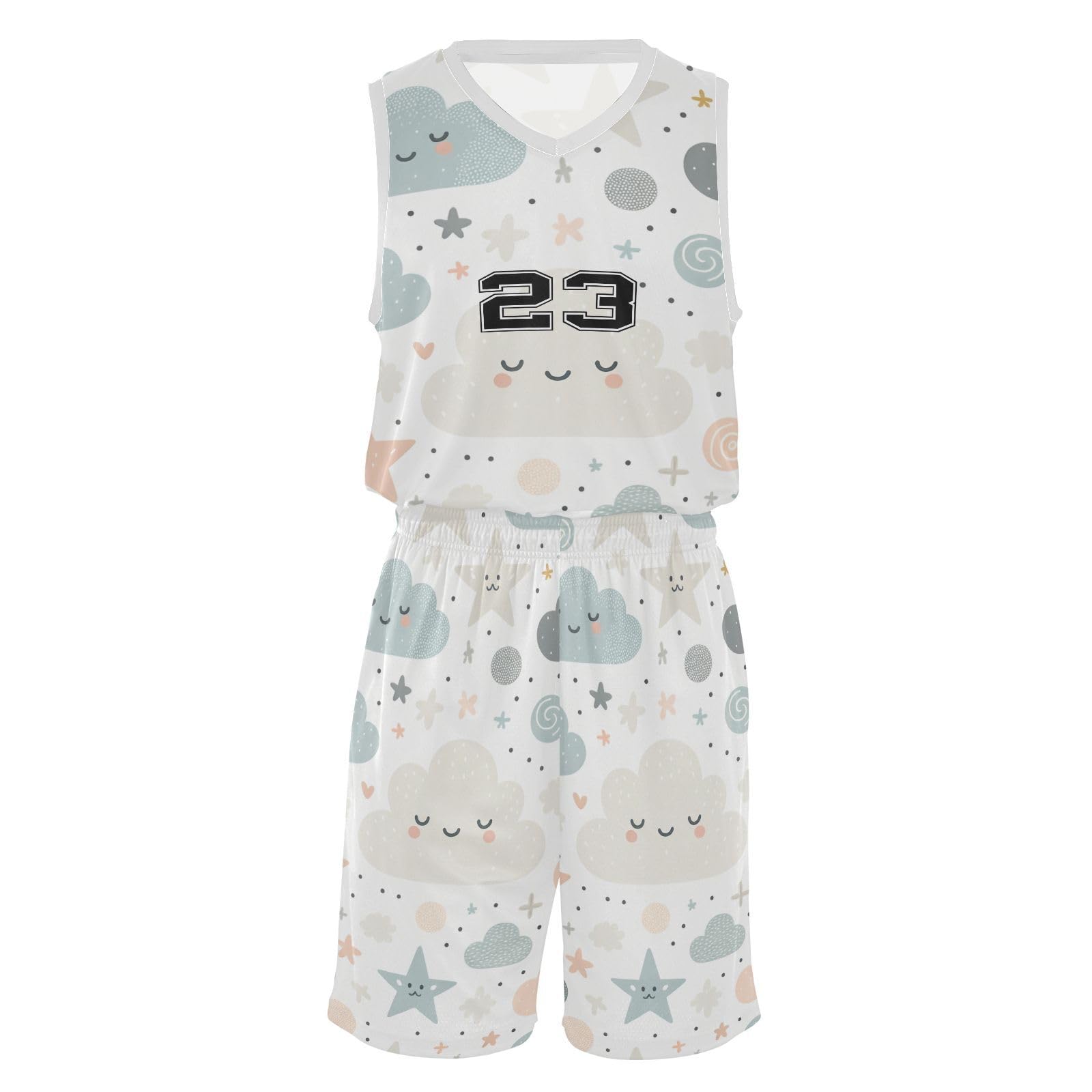 FLildon Cute Clouds Stars Boys Basketball Jersey Set Tank Top Shorts Tracksuit Sport Training Suit for Kids, XL