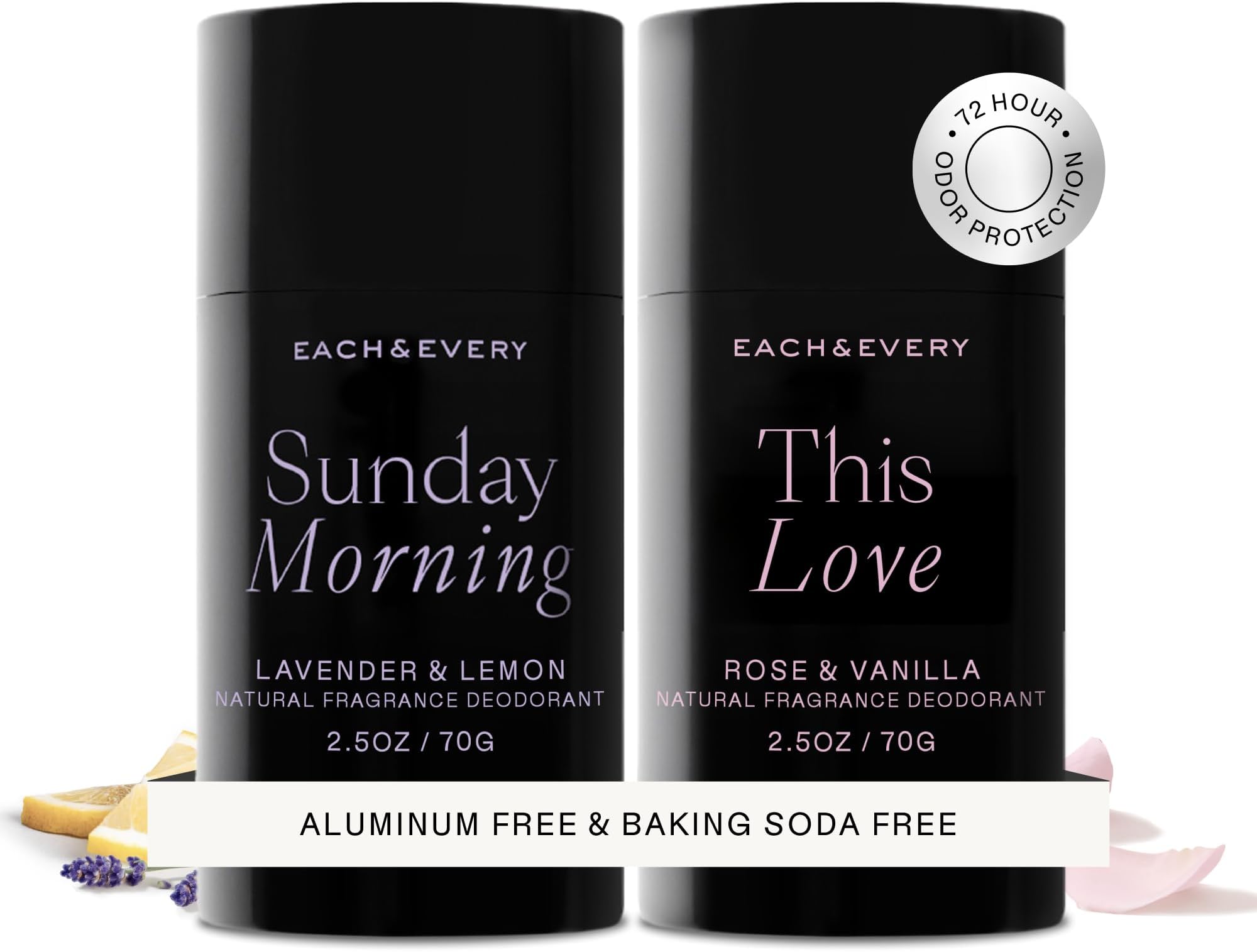 Natural Deodorant for Men & Women - Aluminum- Free, Sensitive Skin, Plant-Based, Baking Soda-Free, 24 Hr Odor Control - Lavender & Lemon + Rose & Vanilla Travel Size Multipack, 2.5oz