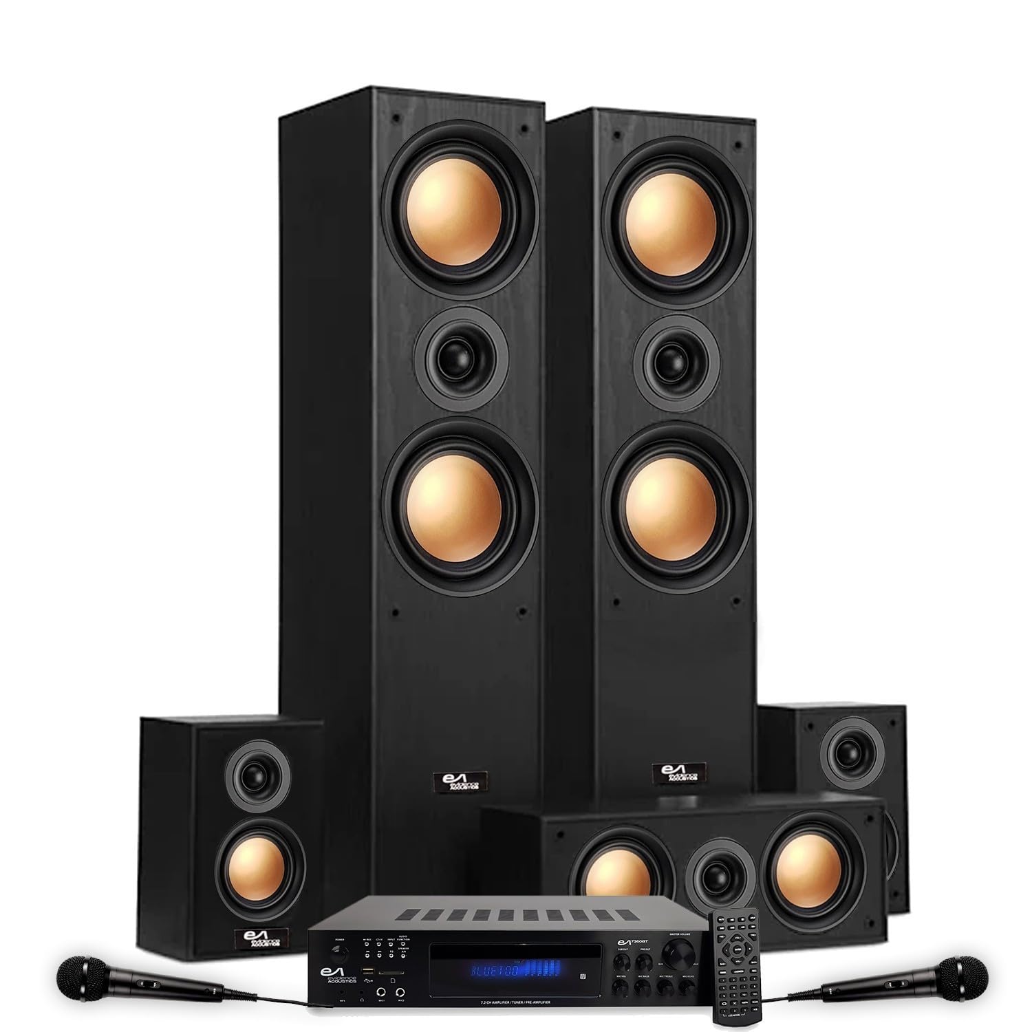 Evidence Acoustics Pack Home-Cinéma 5.1 EA950-PG - 5 Enceintes Cuivre 850W, Amplifié, USB BT Radio FM - 2 Micros Karaoké
