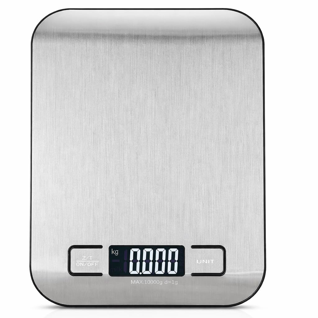 Professional Digital Kitchen Scale 10kg Food Scale with 1g Precision, Stainless Steel Surface, Backlit LCD Display Electronic Cooking Scale for Baking, Home & Office