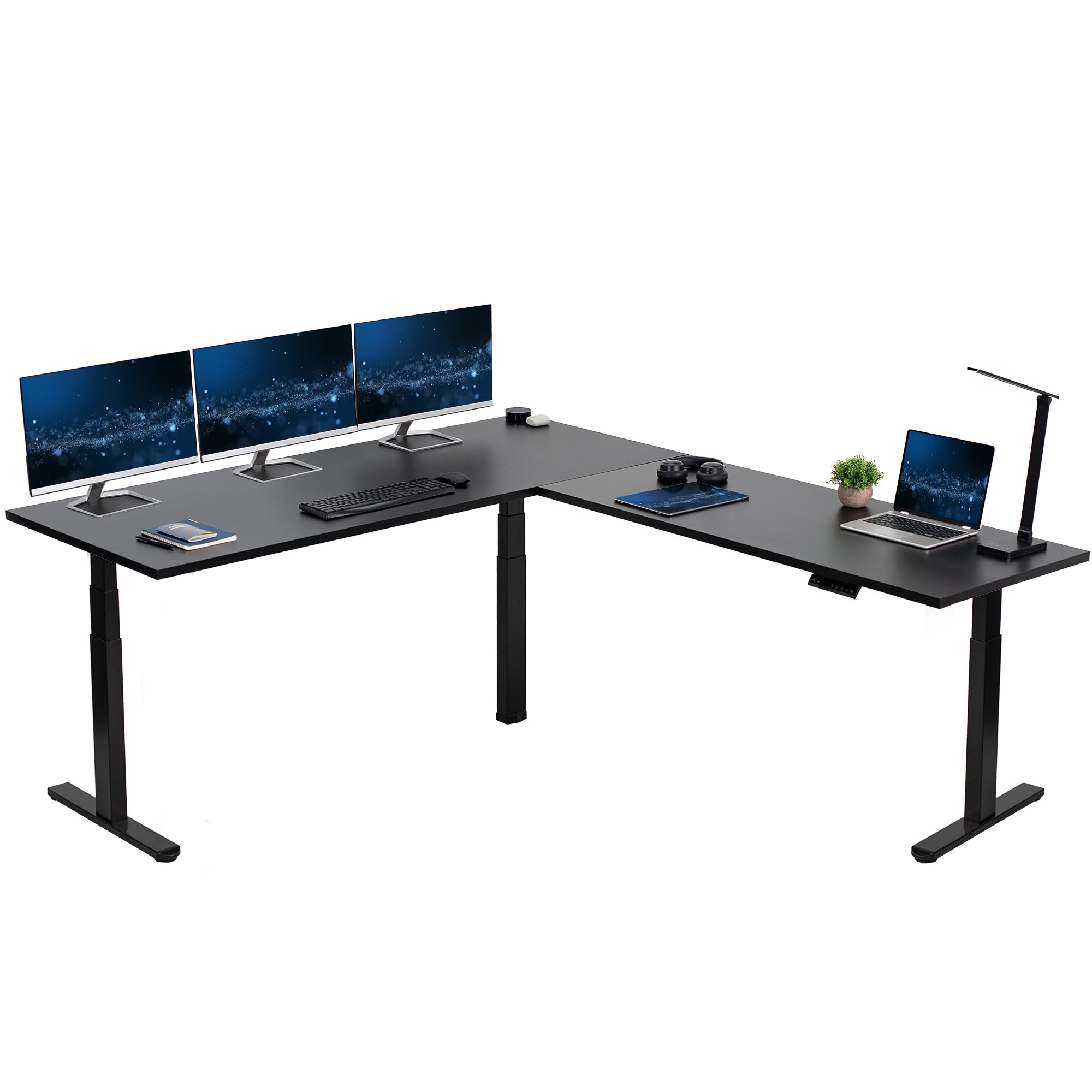 VIVO Electric Height Adjustable 84 x 71 inch Corner Memory Stand Up Desk, 2 Black Solid Square Corner Table Tops, Black Frame, L-Shaped Workstation,