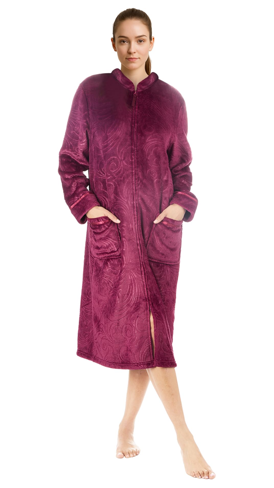 Nikaro Women's Embossed Fleece Housecoat with Zip Front & Pockets - Long Sleeve Cosy Winter Robe (Burgundy) 14-16