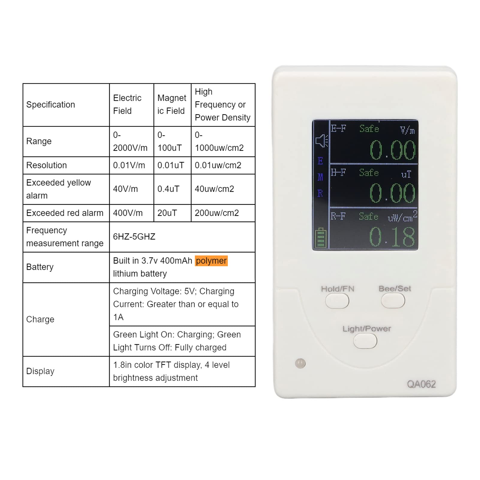 FILFEEL Medidor de EMF 3 Mediciones 6Hz-5GHz USB Recargable ABS