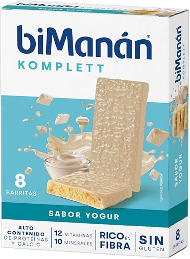 BIMANÁN KOMPLETT - BARRITAS PARA UN PLACER EQUILIBRADO ENTRE HORAS - Sabor Yogur - Ricas en Proteínas y Fuente de Fibra, con 12 Vitaminas y 10 Minerales - sin Gluten - Caja de 8 Unidades