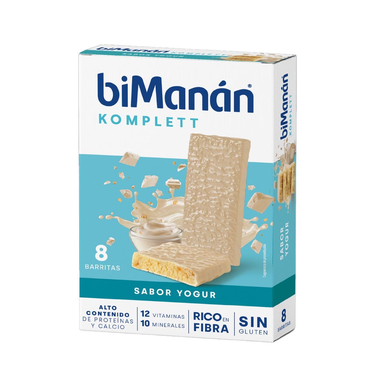 BIMANÁN KOMPLETT - BARRITAS PARA UN PLACER EQUILIBRADO ENTRE HORAS - Sabor Yogur - Ricas en Proteínas y Fuente de Fibra, con 12 Vitaminas y 10 Minerales - sin Gluten - Caja de 8 Unidades
